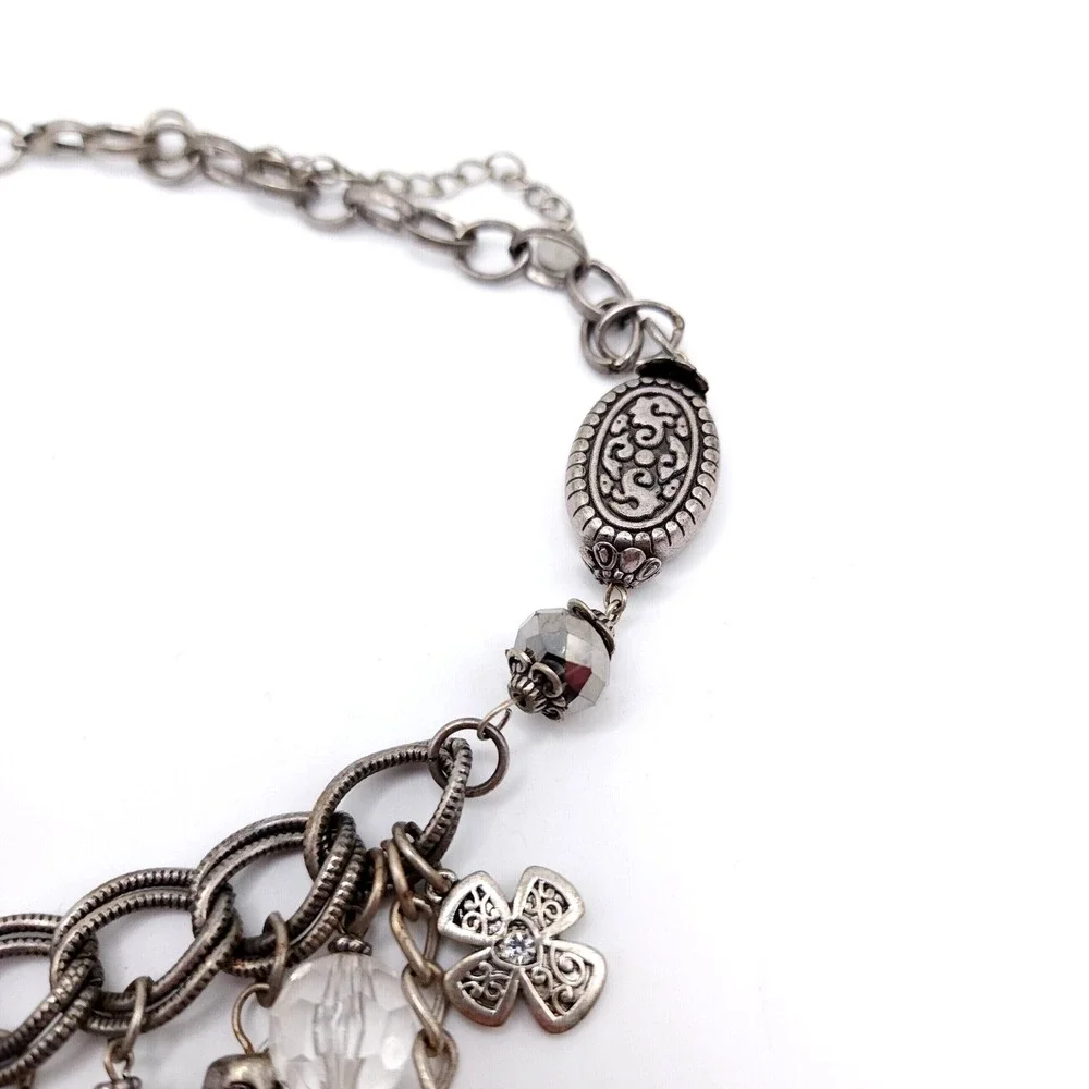 Silver Charm Necklace Cross Rhinestone Fleur De Lis Gothic - Picture 7 of 8